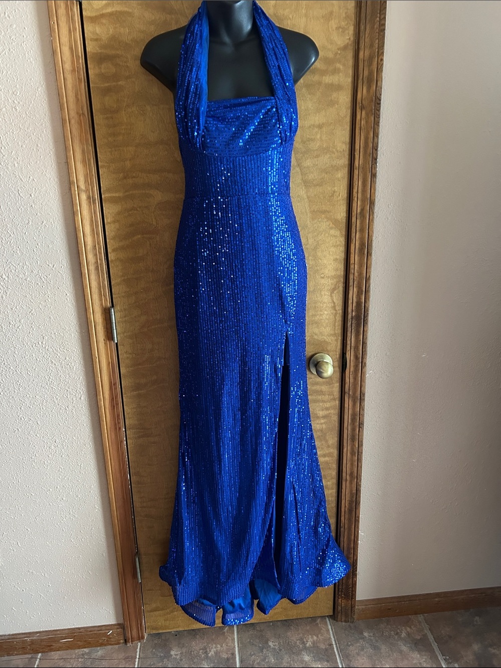 Sleek Halter Sequin Prom Dress in Cobalt Blue NWOT